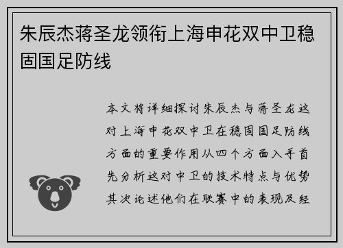 朱辰杰蒋圣龙领衔上海申花双中卫稳固国足防线 朱辰杰蒋圣龙领衔上海申花双中卫稳固国足防线